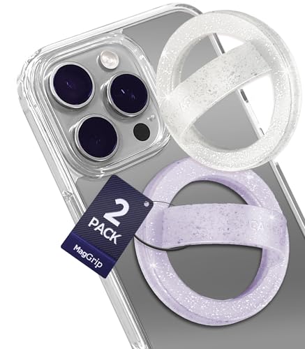 Encased Grip Loops for MagSafe, Magnetic iPhone Holder (2-Pack Set), Comfortable SoftTouch Silicone (Clear Sparkle/Glitter Purple) - color: Purple Glitter