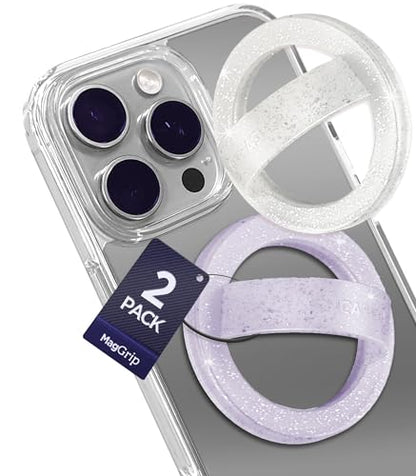 Encased Grip Loops for MagSafe, Magnetic iPhone Holder (2-Pack Set), Comfortable SoftTouch Silicone (Clear Sparkle/Glitter Purple) - color: Purple Glitter