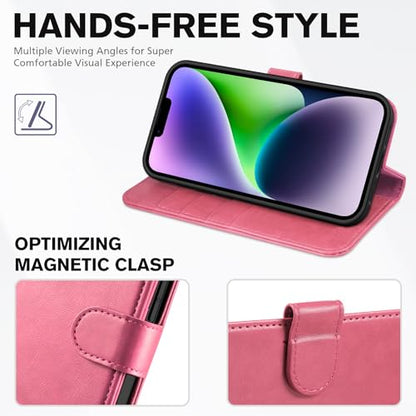 TUCCH Case Wallet for iPhone 14 (6.1") 2022, RFID Blocking Folio, Hot Pink | 4 Card Holders, Kickstand, PU Leather, Magnetic Closure, Shockproof TPU Shell, Protective Flip Cover - color: Hot Pink