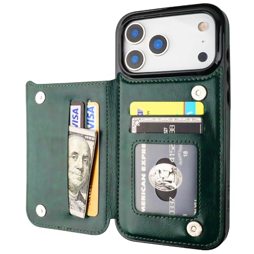 ONETOP for iPhone 17 Pro Max Wallet Case with Credit Card Holder,Green | Kickstand,ID/Cash Holder,Case Wallet with Card Slots,Double Magnetic Clasp,Durable PU Leather Shockproof Cover for Women Men - color: Green
