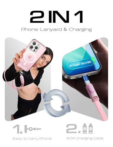 LISEN Phone Lanyard, 60W USB C Cable Phone Wrist Strap, Anti Theft Phone Strap, Phone Charm with 2 Pack Tether Tab, Wrist Lanyard for Women and Men, Teacher, Pink - color: Pink, size: 9.1in Wrist Strap