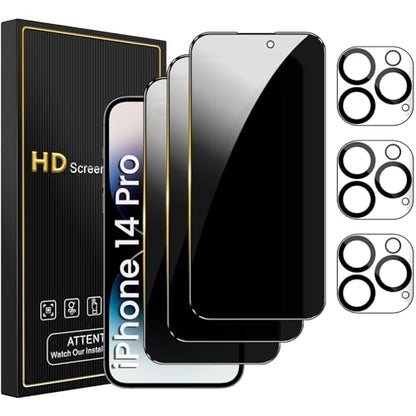 Romkasi 3 Pack Privacy Screen Protector for iPhone 14 Pro 6.1 Inch with 3 Pack Camera Lens Protector, Anti Spy Tempered Glass Film, Anti-Scratch, Touch Sensitive, Case Friendly - color: iPhone 14 Pro