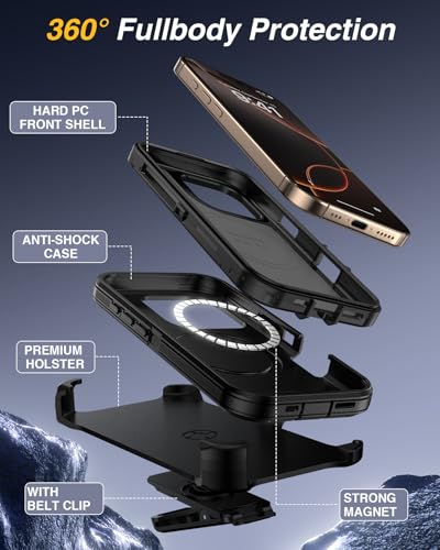 Lanhiem for iPhone 16 Pro Max Magnetic Case with Belt Clip Holster, [Compatible with Magsafe] Heavy Duty Rugged 3 Layer Drop Protection Cell Phone Cover, Anti-Drop with 360° Rotating Kickstand Black