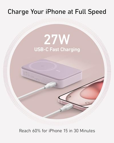 Anker MagGo Power Bank, 10,000mAh Qi2-Certified 15W Max Portable Charger | Fast MagSafe-Compatible Battery Pack, Smart Display, Foldable Stand, for iPhone 16 / 15 / 14 / 13 Only (USB-C Cable Included) - color: Violet