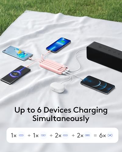 Orfeika Fast Charging Portable Charger Power Bank with Built-in 4 Cables | 10000mAh|Ultra-Slim&Light|Flight-Safe|Power 6 Devices at Once|22.5W|Battery Pack For iPhone,Samsung,Google|Travel Essentials - color: LightPink