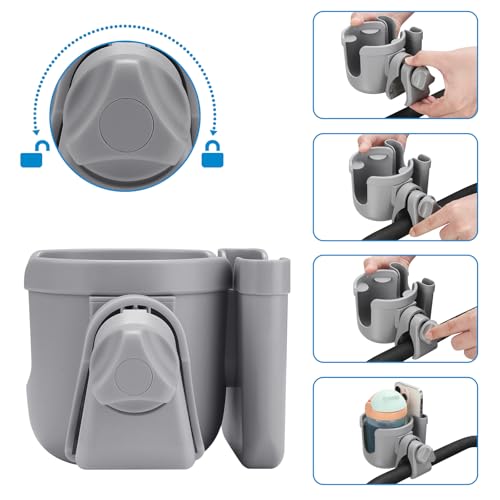 Accmor Stroller Cup Holder with Phone Holder, Bike Cup Holder, Universal Cup Holder for Uppababy Nuna Strollers, 2-in-1 Drinks Holder for Walker, Wheelchair, Scooter - color: All Grey