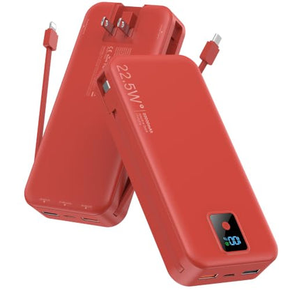 Portable Charger 20000mAh 22.5W w/Built-in Cable & Wall Plug Red - color: Ruby