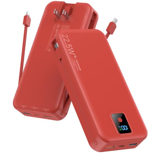 Portable Charger 20000mAh 22.5W w/Built-in Cable & Wall Plug Red - color: Ruby
