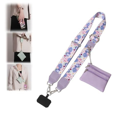 Phone Strap with Zippered Pouch, Clip and Go Strap for Phone with Wallet Crossbody, Adjustable Crossbody Phone Strap-3 - color: Flower Cluster Purple