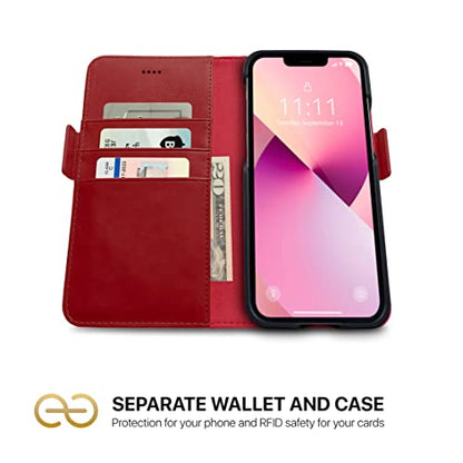 Dreem Vegan Leather Magnetic Detachable Wallet Case for iPhone 13 Red | Built-in Phone Stand, RFID Blocking Card Holder Flip Cover, MagSafe Compatible, Gift Box [Fibonacci: Red] - color: Red, size: iPhone 13