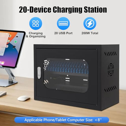 20-Device Charging Station, Charging Cabinet for Cellphones, Rechargeable Cellphone Locker Storage Charging Station, Locking and Charging Phone Storage Box with Cable Management - color: Black-20 Slots