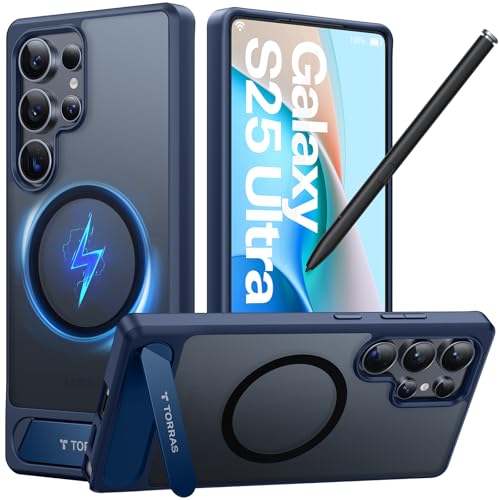 TORRAS Strong Magnetic & Seamless Stand for Samsung Galaxy S25 Ultra Case, Fit for MagSafe, Mil-Grade Drop Protection, Kickstand for Samsung Galaxy S25 Ultra Case, Translucent Back/Blue Edge - color: Navy Blue, size: Galaxy S25 Ultra