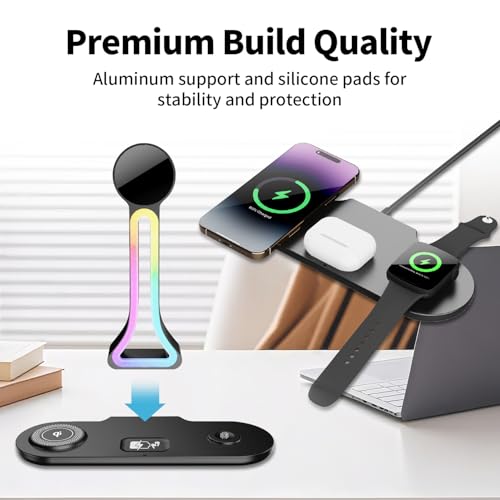 Transform Your Desk – 3-in-1 Wireless Charging Station with Headphone Stand, Dual USB Ports, 15W Fast Charger for Phone/A-irPods/A-pple Watch, RGB Light, LED Alarm Clock – Charge 5 Devices at Once