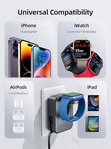 for Apple Watch Charger Block, 2 in 1 Wall Charger with Built-in Retractable Charging Cable, Travel Foldable Plug Power Adapter Compatible with iPhone iWatch (Black)