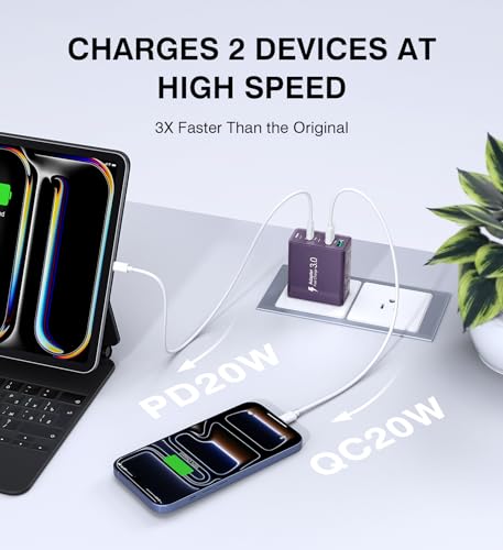 [2Pack] 60W USB C Plug,5-Port Fast Charger Block PD+QC Cube Wall Charging Box Brick for iPhone 17/16/15/14/13 for Samsung Galaxy S25/S24/S23/S22/S21+/S21 Ultra, Magsafe Wireless Charger,(Purple) - color: Purple
