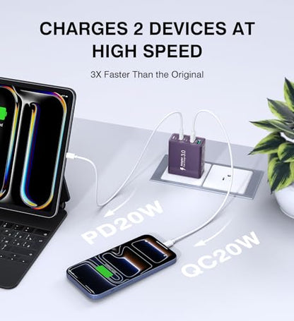 [2Pack] 60W USB C Plug,5-Port Fast Charger Block PD+QC Cube Wall Charging Box Brick for iPhone 17/16/15/14/13 for Samsung Galaxy S25/S24/S23/S22/S21+/S21 Ultra, Magsafe Wireless Charger,(Purple) - color: Purple
