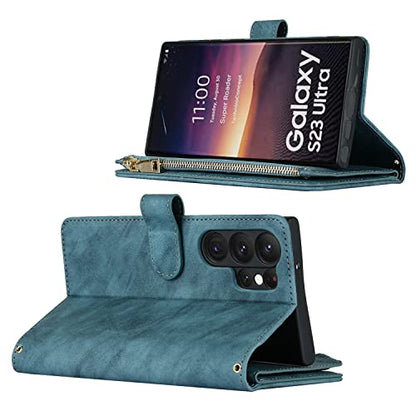 iCoverCase for Samsung Galaxy S23 Ultra Wallet Case with Card Holder, Kickstand Feature PU Leather Case with Adjustable Crossbody Lanyard Magnetic Clasp Zipper Pocket Flip Cover (Blue) - color: Blue, size: Galaxy S23 Ultra
