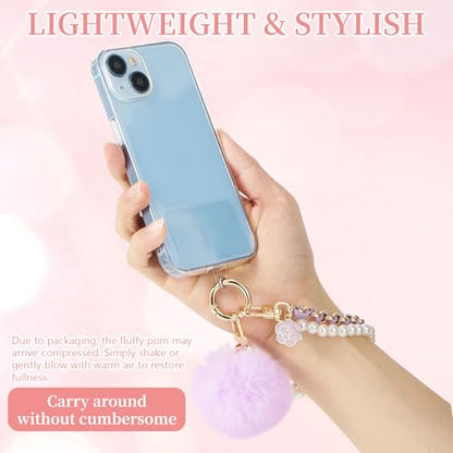 WOZEAH Phone Charm for Women, Beaded Wrist Strap Lanyard with Tether Tab – Detachable Phone Chain Wristlet - color: Purple Pompom