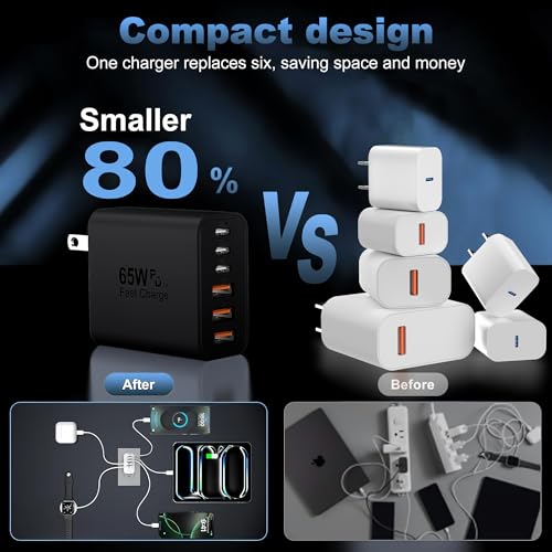 65W USB C Charger Block,6-Port Multi Device Fast Charger PD QC Wall Adapter - color: Black, size: 65w