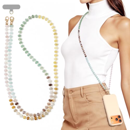 POSADINA Natural Stone Phone Lanyard, Crystal Beaded Crossbody Strap for Women, Hands-Free Anti-Loss Chain with Tether Tab - color: Mixed-stone