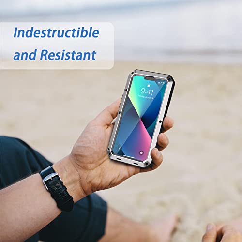 Lanhiem for iPhone 13 Metal Case, Heavy Duty Shockproof Tough Rugged Case with Built-in Glass Screen Protector, 360 Full Body Protective Cover for iPhone 13 6.1 inch, Silver - color: Silver