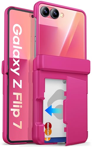 ASAFCASE for Samsung Galaxy Z Flip 7 Case with Card Holder (3 Cards), Pink | Hinge Protection, Outer Screen Protector, Shockproof Rugged Phone Protective Cover Wallet Case for Samsung Galaxy Z Flip 7 - color: Hot Pink, size: Galaxy Z Flip 7