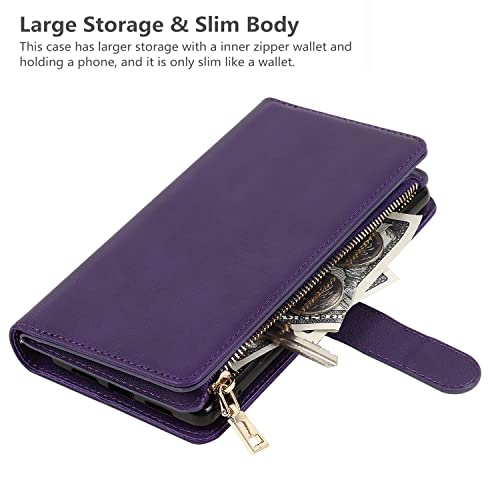 iCoverCase for Samsung Galaxy S23 Wallet Case with Card Holder, Kickstand Feature PU Leather Case with Adjustable Crossbody Lanyard Magnetic Clasp Zipper Pocket Flip Cover (Purple) - color: Purple, size: Galaxy S23