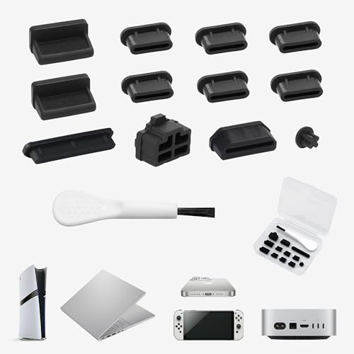 12 PCS Silicone Dust Plugs & Cleaning Brush, USB Port Dust Covers Compatible with iPhone 15 16 17,Kindle,MacBook,Mac mini,PS5,Includes USB-C, USB-A, HDMI, RJ-45, SD Slot and 3.5mm (Black)