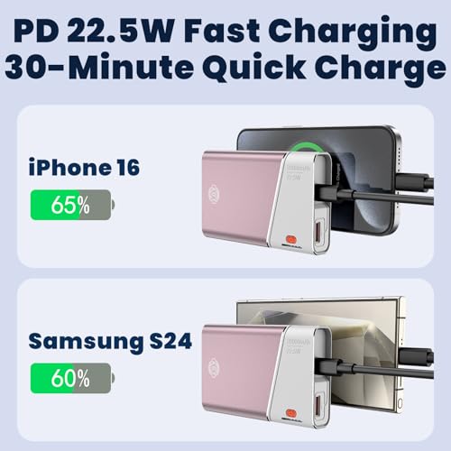 Aaoyun 20000mAh Portable Charger, 22.5W PD Fast Charging Power Bank with Built-in USB C Cable, Slim External Battery Pack Compatible with iPhone 17 16 15 Pro Max, Plus, Samsung S24 Ultra, iPad, Pink - color: Pink