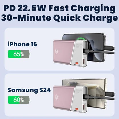 Aaoyun 20000mAh Portable Charger, 22.5W PD Fast Charging Power Bank with Built-in USB C Cable, Slim External Battery Pack Compatible with iPhone 17 16 15 Pro Max, Plus, Samsung S24 Ultra, iPad, Pink - color: Pink