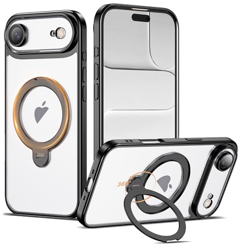 Compatible with iPhone 17 Air Case with 360° Spin Magnetic Ring Stand [Compatible with Mag-Safe] Full Camera Lens Protector Plating Clear Phone Case for iPhone 17 Air 6.5", Black - color: Black, size: Iphone 17 Air