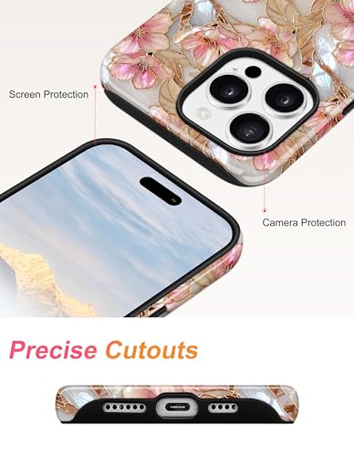 Magnetic Flower Phone Case for iPhone 15 Pro, Pink White | Compatible with MagSafe, Cute Stained Glass Peach Floral Aesthetic, TPU and PC Protective Phone Cover for Women Girls - color: Pink White Peach
