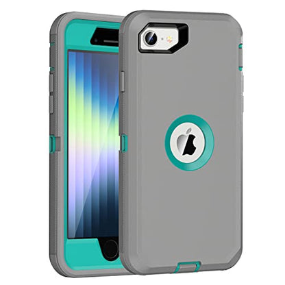 MXX Designed for iPhone SE Case 2020/2022 Heavy Duty Protective Case with Screen Protector [3 Layers] Rugged Rubber Protection Cover & Rotating 360 Degree Belt Clip SE 3rd/2nd Gen (Gray/Light Blue) - color: Gray/Light Blue