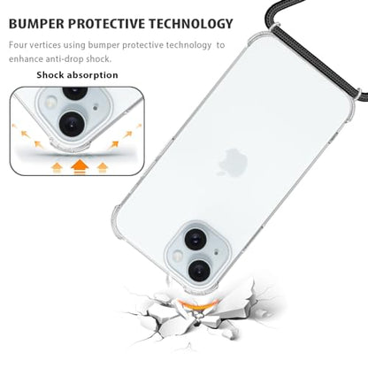 for iPhone 15 Clear Case Adjustable Shoulder Neck Lanyard Crossbody Strap Phone Cover Women Girls Soft Slim Thin Bumper Shockproof Protective Mobile Case for iPhone 15 - Black - size: for iPhone 15