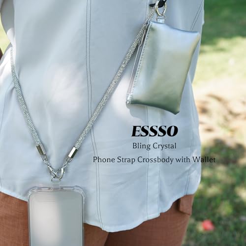 Clip and Go Strap for Phone with Wallet Crossbody, Bling Crystal Phone Strap Crossbody for Hands-Free Style - color: Silver White