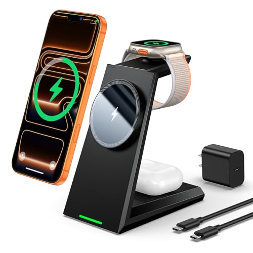 3 in 1 Magnetic Wireless Charging Station - 15W Fast Charging for iPhone 18 Pro Max/17/16/15/14/13/12, Compatible with MagSafe, for Apple Watch & AirPods, Auto-Dimming Indicator, Includes 30W Adapter - color: Black