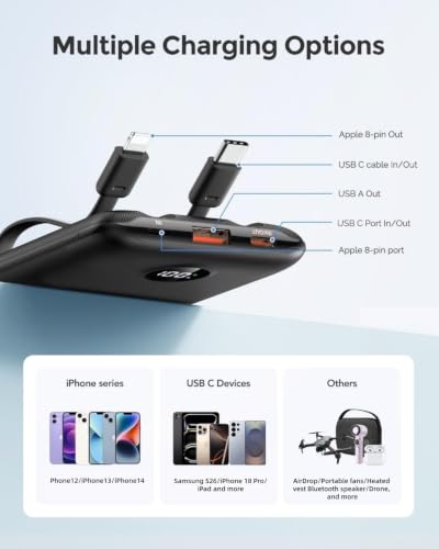 WeeFancy Compact Portable Charger 10000mAh with Built-in Cables - color: Black
