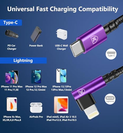 90 Degree iPhone Charger Cables 6FT USB C to Lightning Cable[MFi Certified] - color: Purple, size: 6FT, style: USB C to Lightning