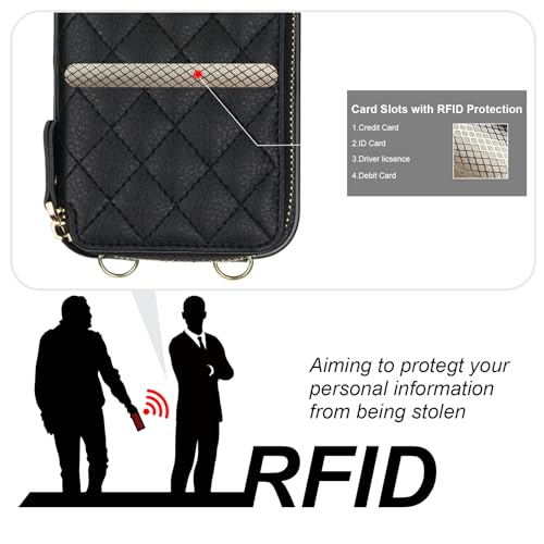 Bocasal Crossbody Wallet Case Card Holder for iPhone 17 Pro Max Black | RFID Blocking PU Leather Zipper Handbag Purse, Kickstand Flip Folio Case with Card Slots Holder Wrist Strap Lanyard 6.9 Inch - color: Black