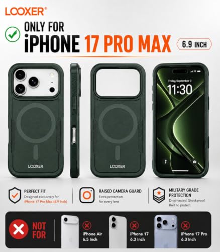 LOOXER® Heavy Duty Rugged Magnetic Case for iPhone 17 Pro Max (6.9”) | Military Grade Shockproof Protection,MagSafe Compatible+ Tempered Glass Included (Green, 17 Pro Max) - color: Green, size: 17 Pro Max