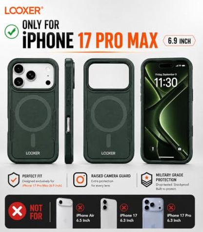 LOOXER® Heavy Duty Rugged Magnetic Case for iPhone 17 Pro Max (6.9”) | Military Grade Shockproof Protection,MagSafe Compatible+ Tempered Glass Included (Green, 17 Pro Max) - color: Green, size: 17 Pro Max