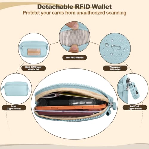 YFWE Clip and Go Phone Strap with Crossbody Wallet, Adjustable Phone Lanyard with Detachable RFID Wristlet Wallet, Anti-Theft Leather Purse with ID Window for Travel Essentials (Light Blue) - color: Light Blue