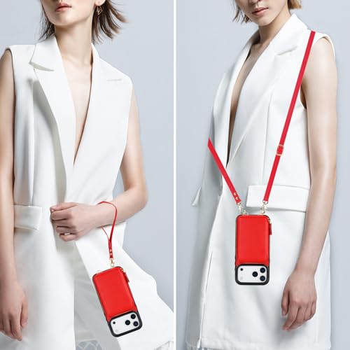 Bocasal Multi-Slot Crossbody Wallet Case for iPhone 17 Pro Max, Red | RFID Blocking PU Leather Purse Case with Card Holder, Handbag Flip Cover with Zipper Wrist Strap Lanyard for Women 6.9 Inch - color: Red