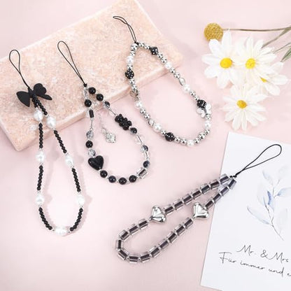 Pink Beaded Phone Wrist Straps, Y2K Phone Case Charms Camera Charm Strap, Lanyard Keychain Wristlet Aesthetic Cellphone Charm - style: 4 Black Chic Heart Bow