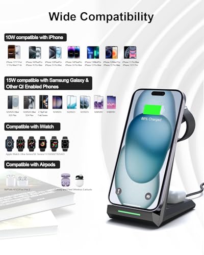 Wireless Charging Station for iPhone - ADADPU 3 in 1 Charger Stand for iPhone 18 Pro Max 17 16 15 14 13 12 11 Pro Max XR 8 Plus, for Apple Watch 8/7/SE/6/5/4/3/2, AirPods Pro/3/2, 20W Adapter Included