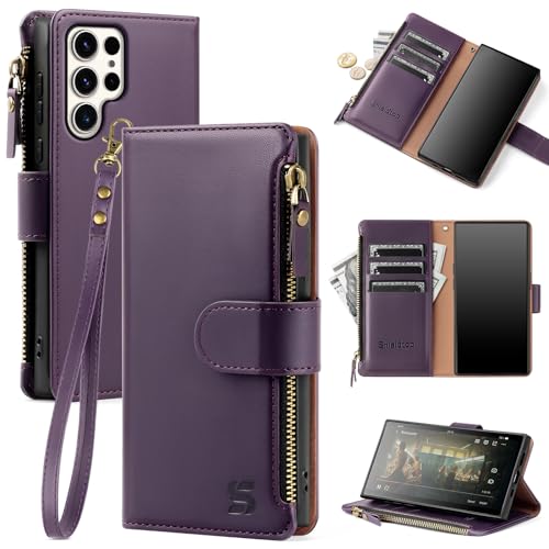 Shieldtop Compatible with Samsung Galaxy S23 Ultra 5G Wallet Case with Card Holder,Women Men RFID Blocking PU Leather Phone Case Flip Protective Cover Wrist Strap Zipper Credit Card Slots,Dark Purple - color: Dark Purple, size: Galaxy S23 Ultra - 6.8"