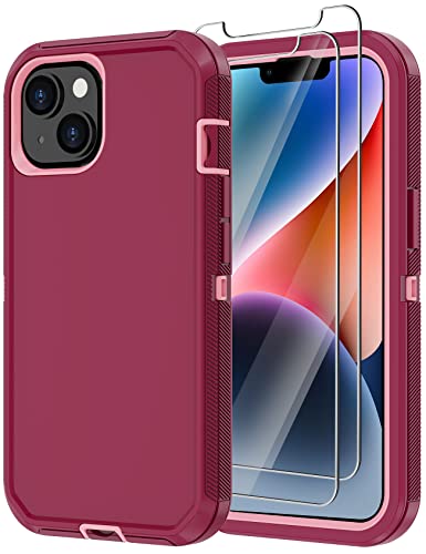 for iPhone 14 Case with 2 Screen Protector, Heavy Duty Shockproof Dropproof Dust Proof Full Body Rugged 3-Layer Military Tough Durable Protective Cover for Apple iPhone 14 6.1" (Burgundy) - color: Burgundy