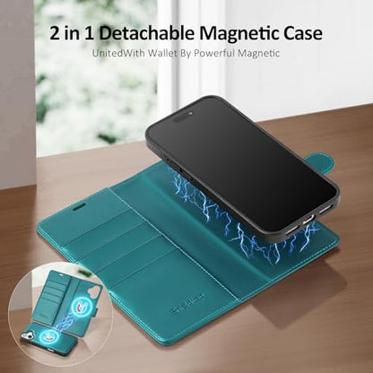 Shieldtop Compatible with MagSafe iPhone 17 Wallet Case,Blue Green | 2 in 1 Detachable Magnetic,Credit Card Holder Slots,RFID Blocking,PU Leather,Kickstand,Flip Folio Phone Cover for Men & Women - color: Blue Green, size: iPhone 17 - 6.3"