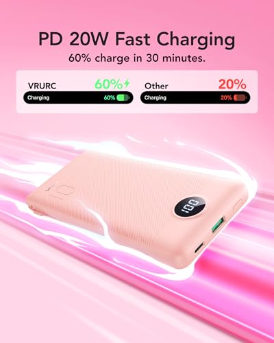 VRURC 22.5W Portable Charger 10000mAh Fast Charging with Built-in AC Plug - color: Pink
