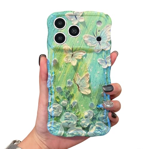 EYZUTAK Case for iPhone 11, Colorful Oil Painting Flower, Butterfly Green | Laser Glossy Floral Pattern, Cute Curly Wave Edge, Exquisite Phone Cover, Stylish Durable TPU Protective Case for Girl Women - color: Butterfly Green, size: iPhone 11